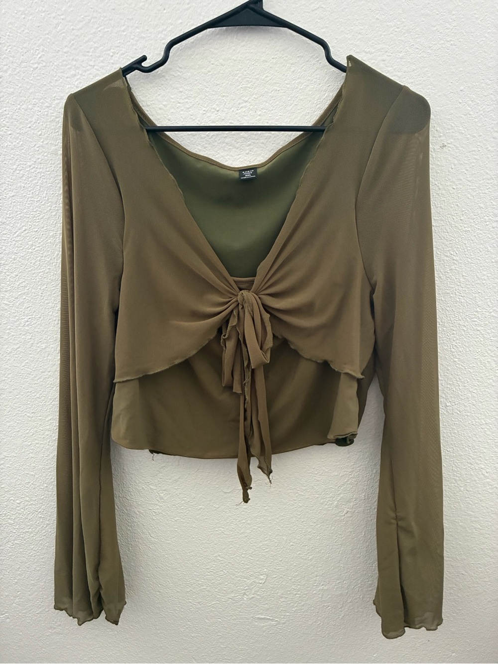 Olive Tie-Front Sheer Long-Sleeve Crop Top
